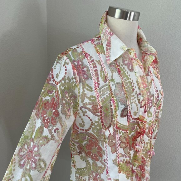 Coldwater Creek Womens Medium Button Up Floral Organza Blouse 3/4 Sleeve Shirt - Picture 2 of 11